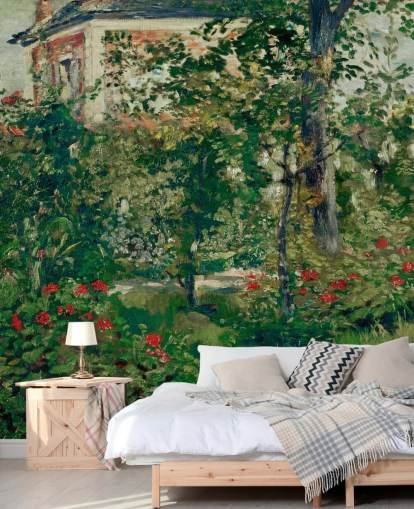 fine art behangmuurschildering genaamd The Garden at Bellevue van Edouard Manet voor slaapkamers en woonkamers