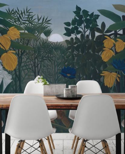 kunsttapet vægmaleri kaldet Løvens repast af Henri Rousseau