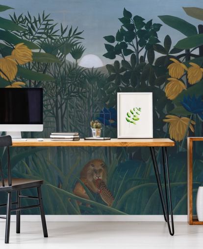 kunstbehangmuurschildering genaamd The Repast of the Lion van Henri Rousseau kunstbehangmuurschildering genaamd The Repast of the Lion van Henri Rousseau