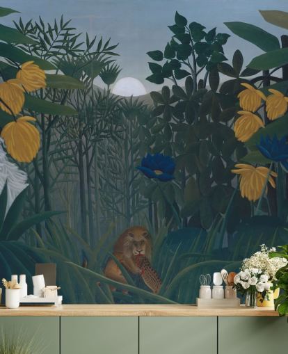 kunsttapet vægmaleri kaldet Løvens repast af Henri Rousseau