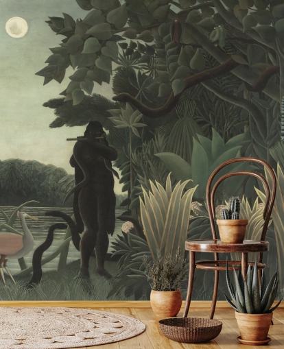 kunsttapet vægmaleri kaldet The Snake Charmer af Henri Rousseau til stuer og soveværelser kunsttapet vægmaleri kaldet The Snake Charmer af Henri Rousseau til stuer og soveværelser