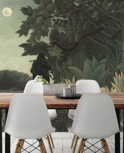 mural de papel pintado de bellas artes llamado El encantador de serpientes de Henri Rousseau para salas de estar y dormitorios