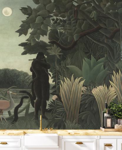Kunsttapete mit dem Titel The Snake Charmer von Henri Rousseau für Wohn- und Schlafzimmer Kunsttapete mit dem Titel The Snake Charmer von Henri Rousseau für Wohn- und Schlafzimmer