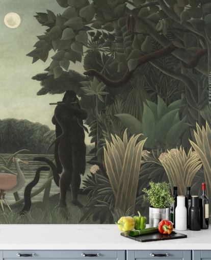 mural de papel de parede de belas artes chamado The Snake Charmer de Henri Rousseau para salas de estar e quartos mural de papel de parede de belas artes chamado The Snake Charmer de Henri Rousseau para salas de estar e quartos