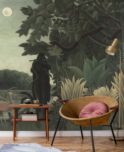 fine art wallpaper mural called The Snake Charmer by Henri Rousseau for living rooms and bedrooms