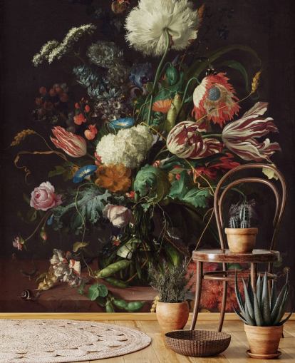 fine art behangmuurschildering genaamd Vase of Flowers van Jan Davidsz de Heem voor slaapkamers, lounges en eetkamers fine art behangmuurschildering genaamd Vase of Flowers van Jan Davidsz de Heem voor slaapkamers, lounges en eetkamers
