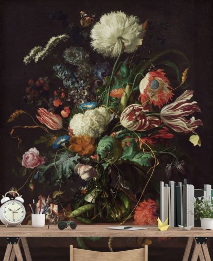 fine art behangmuurschildering genaamd Vase of Flowers van Jan Davidsz de Heem voor slaapkamers, lounges en eetkamers fine art behangmuurschildering genaamd Vase of Flowers van Jan Davidsz de Heem voor slaapkamers, lounges en eetkamers