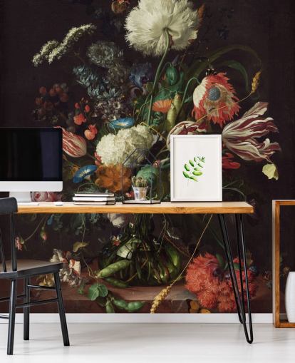 kunsttapet vægmaleri kaldet Vase of Flowers af Jan Davidsz de Heem til soveværelser, lounger og spisestuer