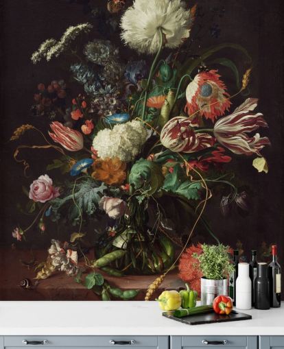 mural de papel pintado de bellas artes llamado Jarrón de flores de Jan Davidsz de Heem para dormitorios, salones y comedores