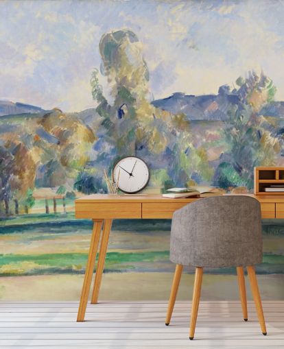 fine art behangmuurschildering genaamd Autumn Landscape van Paul Cezanne voor slaapkamers, woonkamers en kantoren aan huis fine art behangmuurschildering genaamd Autumn Landscape van Paul Cezanne voor slaapkamers, woonkamers en kantoren aan huis