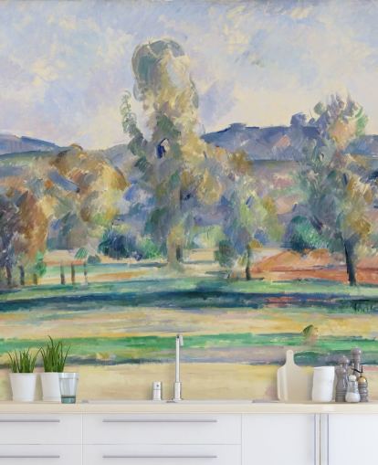 fine art behangmuurschildering genaamd Autumn Landscape van Paul Cezanne voor slaapkamers, woonkamers en kantoren aan huis fine art behangmuurschildering genaamd Autumn Landscape van Paul Cezanne voor slaapkamers, woonkamers en kantoren aan huis