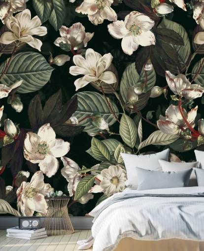 bloemenmuurschildering genaamd Dark Garden IX van Burcu Korkmazyurek voor woon- en slaapkamers bloemenmuurschildering genaamd Dark Garden IX van Burcu Korkmazyurek voor woon- en slaapkamers