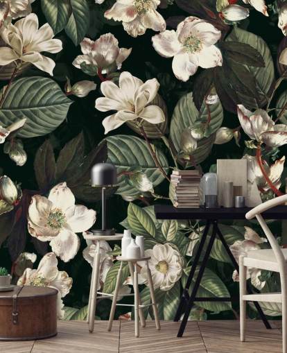 floral wallpaper mural called Dark Garden IX by Burcu Korkmazyurek for lounges and bedrooms floral wallpaper mural called Dark Garden IX by Burcu Korkmazyurek for lounges and bedrooms