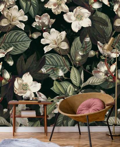 blommig tapetväggmålning kallad Dark Garden IX av Burcu Korkmazyurek för lounger och sovrum blommig tapetväggmålning kallad Dark Garden IX av Burcu Korkmazyurek för lounger och sovrum