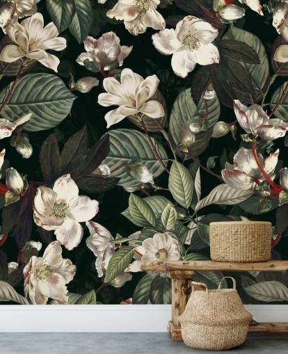 bloemenmuurschildering genaamd Dark Garden IX van Burcu Korkmazyurek voor woon- en slaapkamers bloemenmuurschildering genaamd Dark Garden IX van Burcu Korkmazyurek voor woon- en slaapkamers