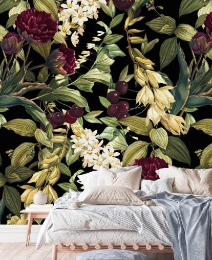 donkere bloemenmuurschildering genaamd Dark Garden VIII van Burcu Korkmazyurek donkere bloemenmuurschildering genaamd Dark Garden VIII van Burcu Korkmazyurek