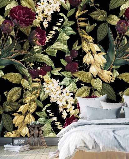 dark floral wallpaper mural called Dark Garden VIII by Burcu Korkmazyurek dark floral wallpaper mural called Dark Garden VIII by Burcu Korkmazyurek