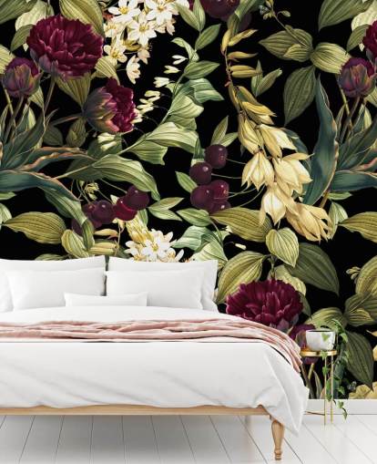 mörk blommig tapetväggmålning kallad Dark Garden VIII av Burcu Korkmazyurek