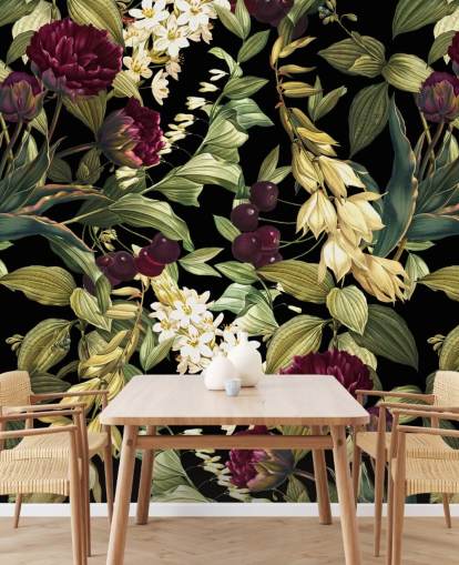 carta da parati murale floreale scura chiamata Dark Garden VIII di Burcu Korkmazyurek