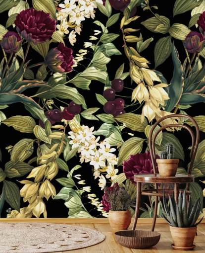 mural de papel de parede floral escuro chamado Dark Garden VIII de Burcu Korkmazyurek
