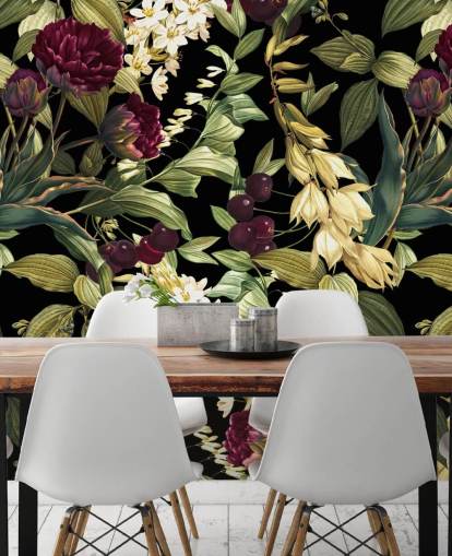 donkere bloemenmuurschildering genaamd Dark Garden VIII van Burcu Korkmazyurek