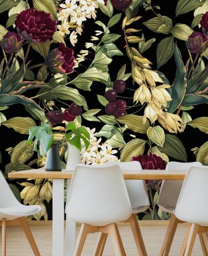 dark floral wallpaper mural called Dark Garden VIII by Burcu Korkmazyurek