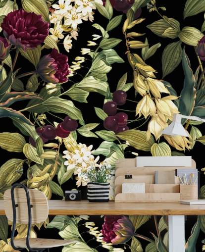 dark floral wallpaper mural called Dark Garden VIII by Burcu Korkmazyurek