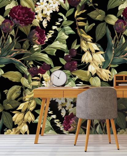 mørkt blomstertapet veggmaleri kalt Dark Garden VIII av Burcu Korkmazyurek