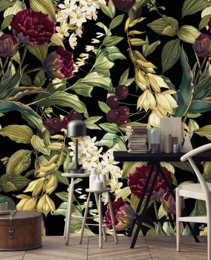 mural de papel pintado floral oscuro llamado Dark Garden VIII de Burcu Korkmazyurek