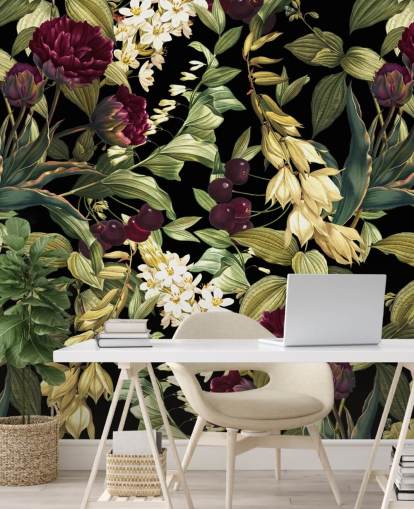 mørkt blomstertapet veggmaleri kalt Dark Garden VIII av Burcu Korkmazyurek mørkt blomstertapet veggmaleri kalt Dark Garden VIII av Burcu Korkmazyurek