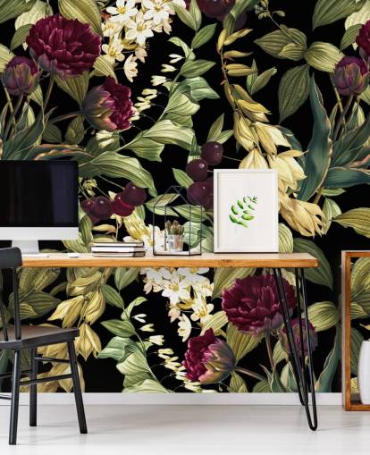 mörk blommig tapetväggmålning kallad Dark Garden VIII av Burcu Korkmazyurek mörk blommig tapetväggmålning kallad Dark Garden VIII av Burcu Korkmazyurek