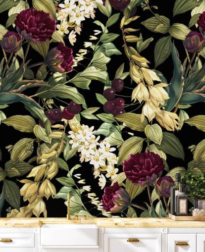 papier peint mural floral foncé appelé Dark Garden VIII par Burcu Korkmazyurek papier peint mural floral foncé appelé Dark Garden VIII par Burcu Korkmazyurek