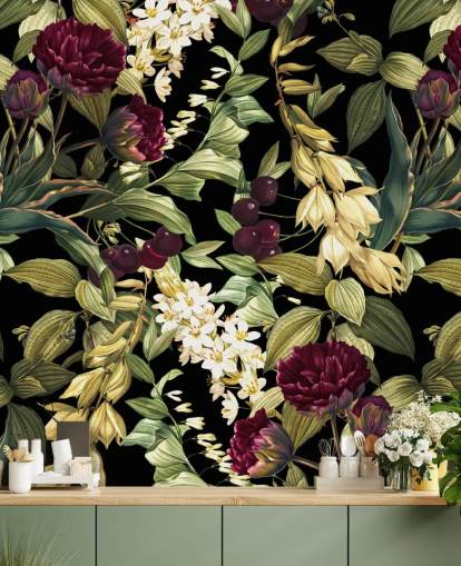 carta da parati murale floreale scura chiamata Dark Garden VIII di Burcu Korkmazyurek