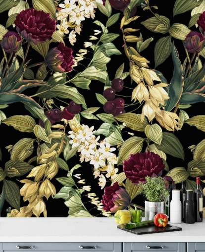 mural de papel pintado floral oscuro llamado Dark Garden VIII de Burcu Korkmazyurek