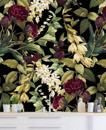 mural de papel pintado floral oscuro llamado Dark Garden VIII de Burcu Korkmazyurek