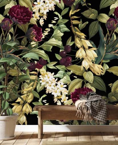 mural de papel de parede floral escuro chamado Dark Garden VIII de Burcu Korkmazyurek