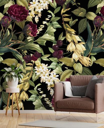 mural de papel de parede floral escuro chamado Dark Garden VIII de Burcu Korkmazyurek