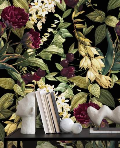 mørkt blomstertapet vægmaleri kaldet Dark Garden VIII af Burcu Korkmazyurek