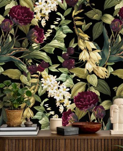 mural de papel pintado floral oscuro llamado Dark Garden VIII de Burcu Korkmazyurek