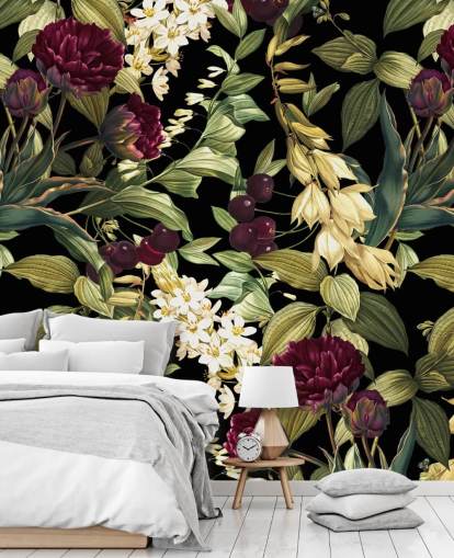 mörk blommig tapetväggmålning kallad Dark Garden VIII av Burcu Korkmazyurek mörk blommig tapetväggmålning kallad Dark Garden VIII av Burcu Korkmazyurek