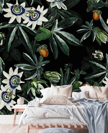 floral wallpaper mural called Exotic Garden Night XI by Burcu Korkmazyurek for bedrooms and lounges
