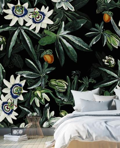 floral wallpaper mural called Exotic Garden Night XI by Burcu Korkmazyurek for bedrooms and lounges