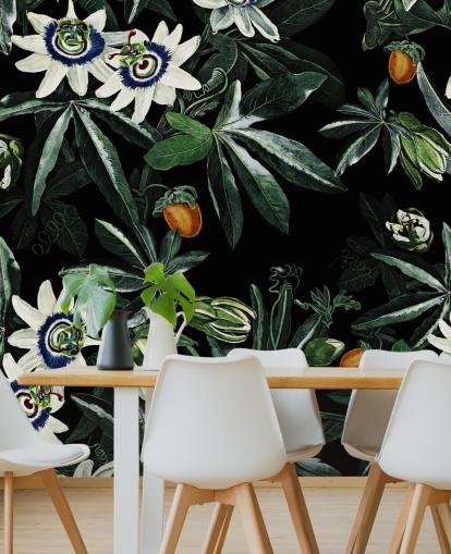 floral wallpaper mural called Exotic Garden Night XI by Burcu Korkmazyurek for bedrooms and lounges