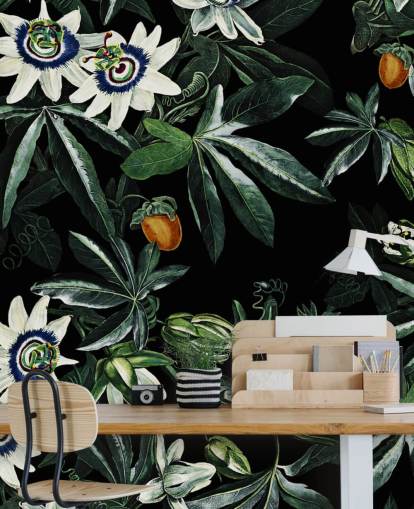 floral wallpaper mural called Exotic Garden Night XI by Burcu Korkmazyurek for bedrooms and lounges
