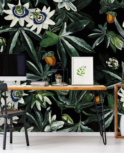 floral wallpaper mural called Exotic Garden Night XI by Burcu Korkmazyurek for bedrooms and lounges