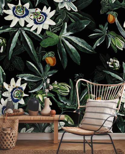floral wallpaper mural called Exotic Garden Night XI by Burcu Korkmazyurek for bedrooms and lounges