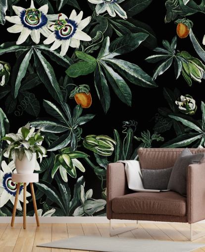 floral wallpaper mural called Exotic Garden Night XI by Burcu Korkmazyurek for bedrooms and lounges floral wallpaper mural called Exotic Garden Night XI by Burcu Korkmazyurek for bedrooms and lounges