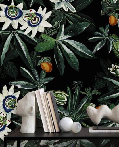 floral wallpaper mural called Exotic Garden Night XI by Burcu Korkmazyurek for bedrooms and lounges