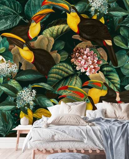 carta da parati murale floreale chiamata Floral and Birds Vintage Garden Night II di Burcu Korkmazyurek carta da parati murale floreale chiamata Floral and Birds Vintage Garden Night II di Burcu Korkmazyurek