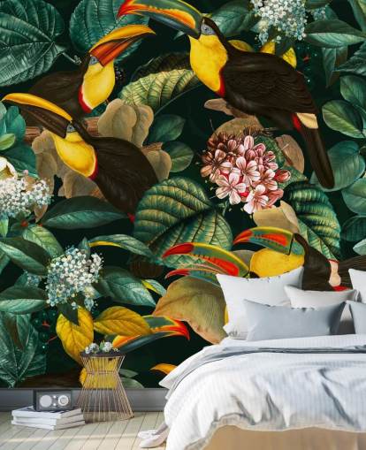 mural de papel de parede floral chamado Floral and Birds Vintage Garden Night II de Burcu Korkmazyurek